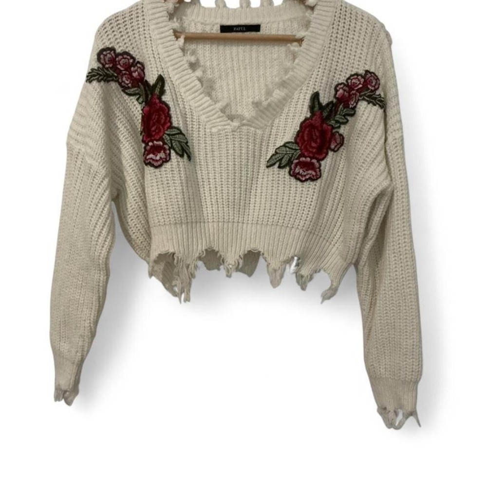 Zaful Floral Embroidered Cropped Sweater Womens White Distressed Excellent Boho